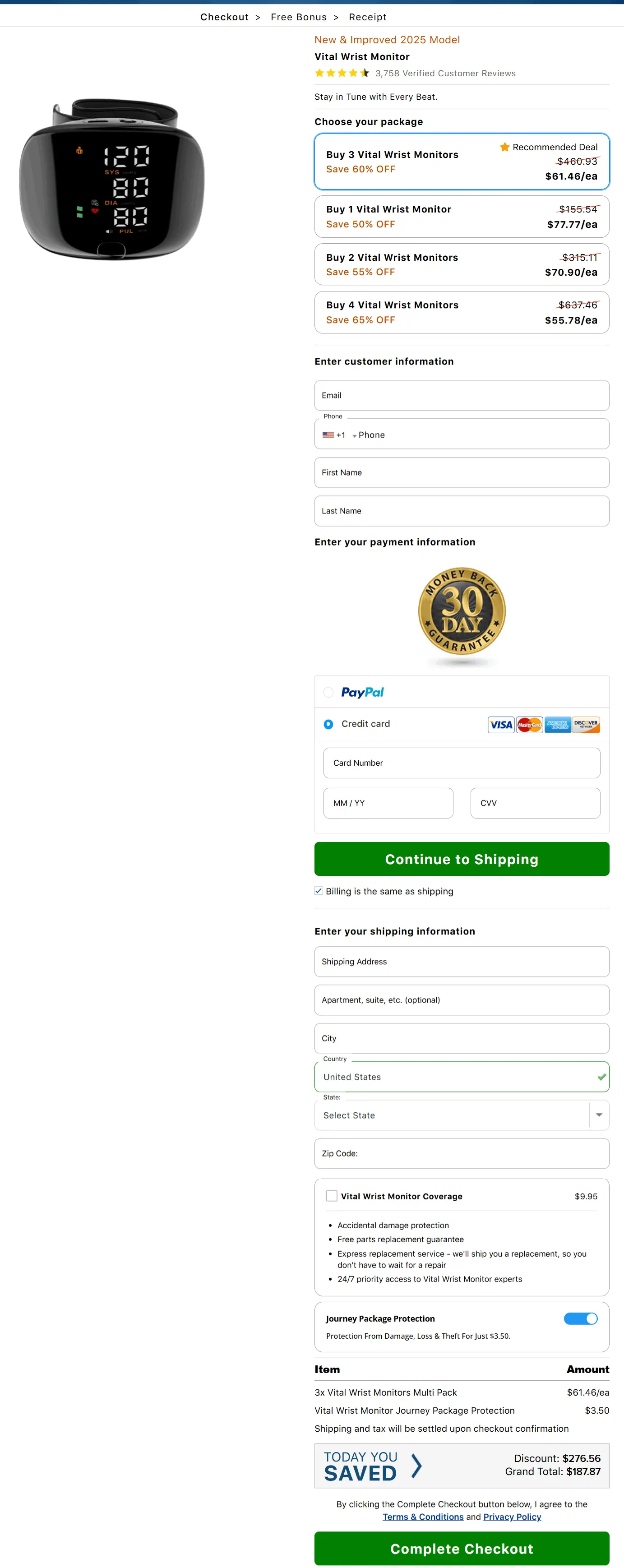 Vital Wrist Monitor secure checkout page